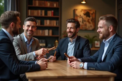 Quatre hommes en blazer autour d'une table à cigare