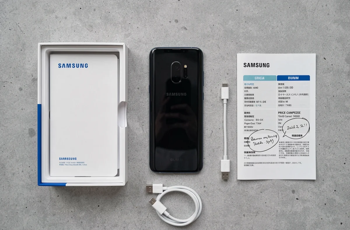 Flat lay d'un smartphone Samsung avec sa boîte et ses accessoires sur une surface en béton gris, idéal pour guide d'achat
