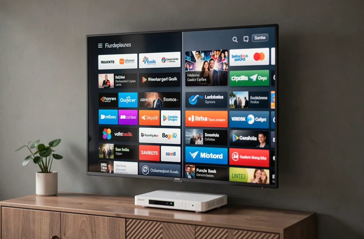 Écran de télévision affichant un guide des chaînes d'une Freebox Pop avec box et routeur visibles au premier plan