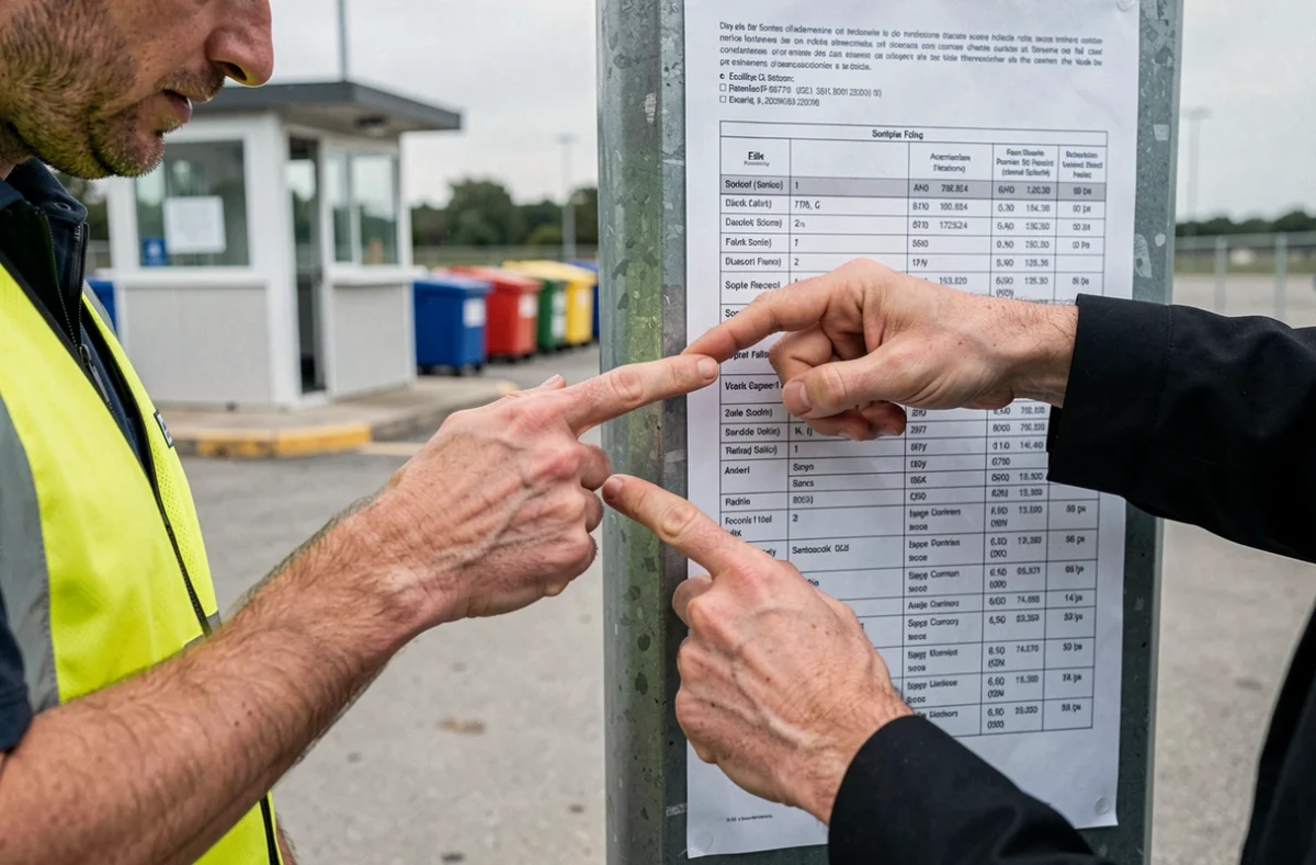 Agent de déchèterie et visiteur consultant un guide de tri des déchets