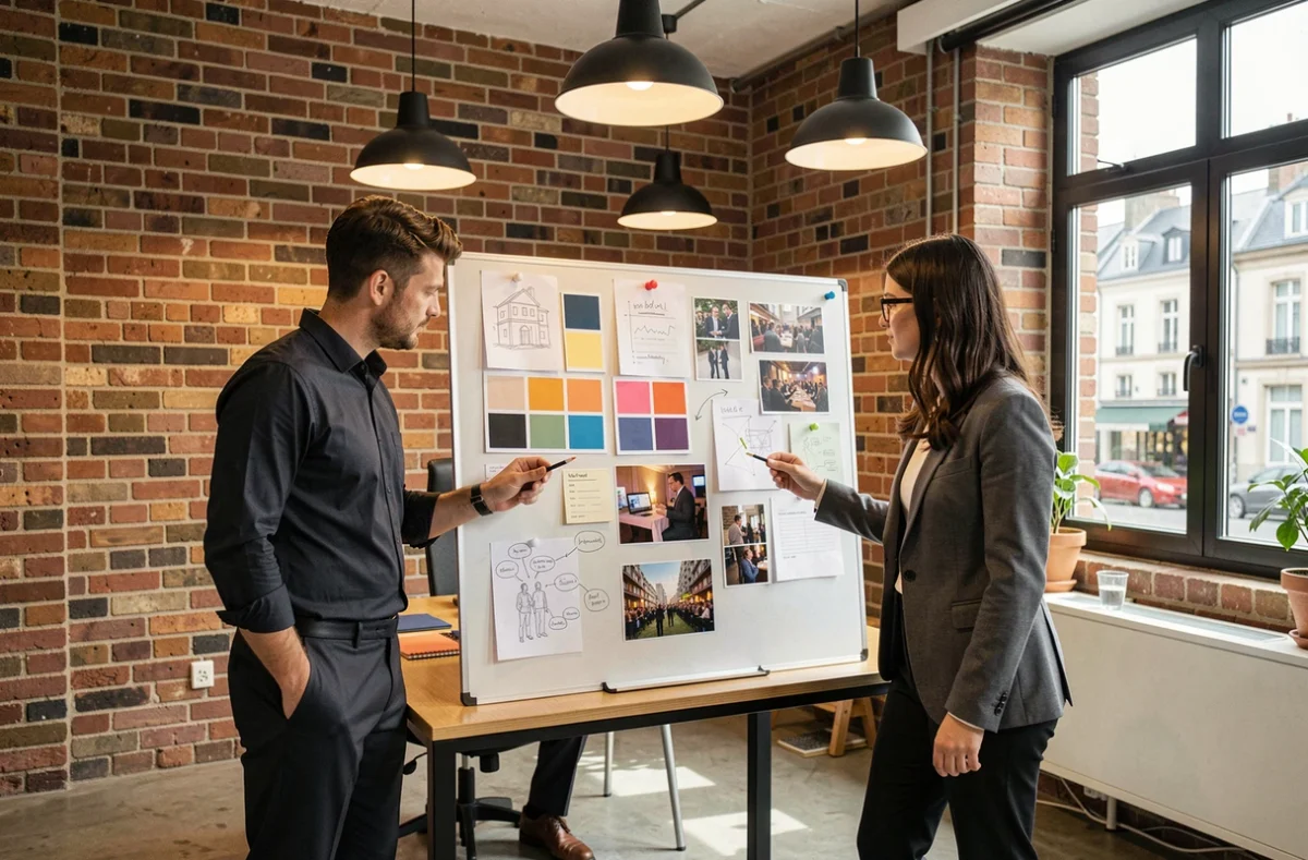 Équipe créative de Hints Agency à Rennes travaillant sur un tableau de concept pour un événement dans un loft moderne
