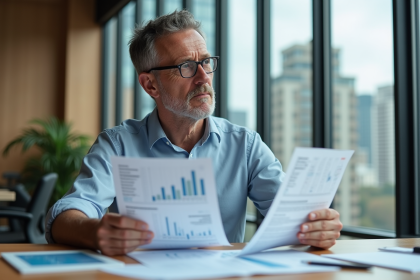 Homme d'affaires en bureau moderne examine des papiers