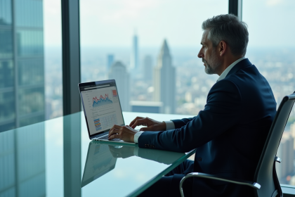 Homme d'affaires regardant des graphiques d'analyses sur son laptop