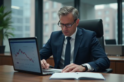 Homme d'affaires regardant un graphique euro en baisse