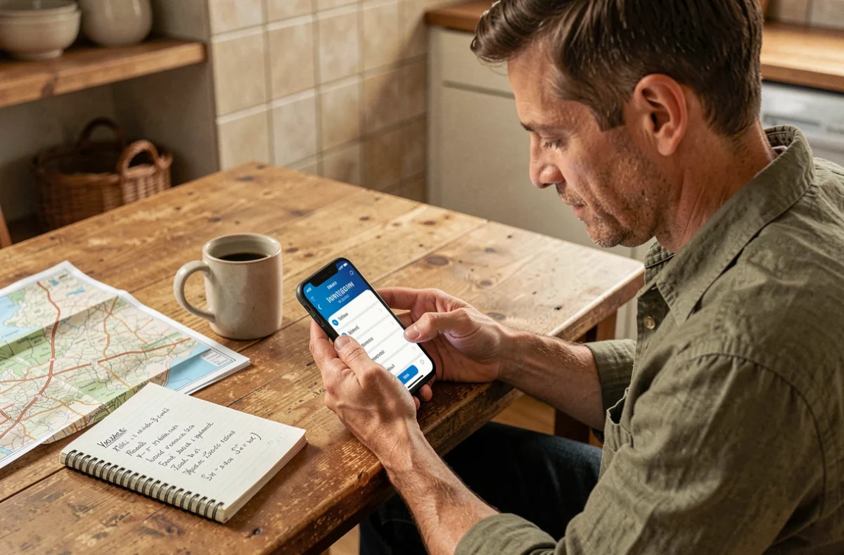 Homme consultant une application de conversion miles en kilomètres sur son smartphone à une table de cuisine avec une carte routière