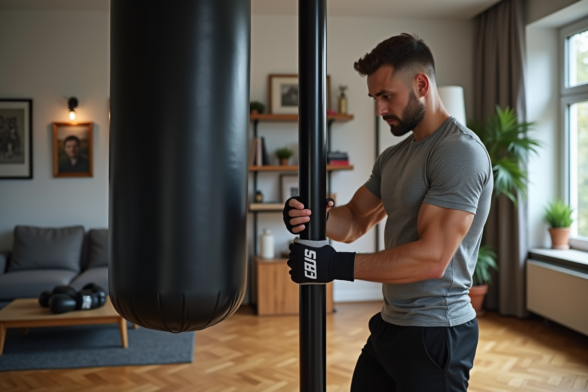 Jeune homme en salle de sport assemble un sac de frappe