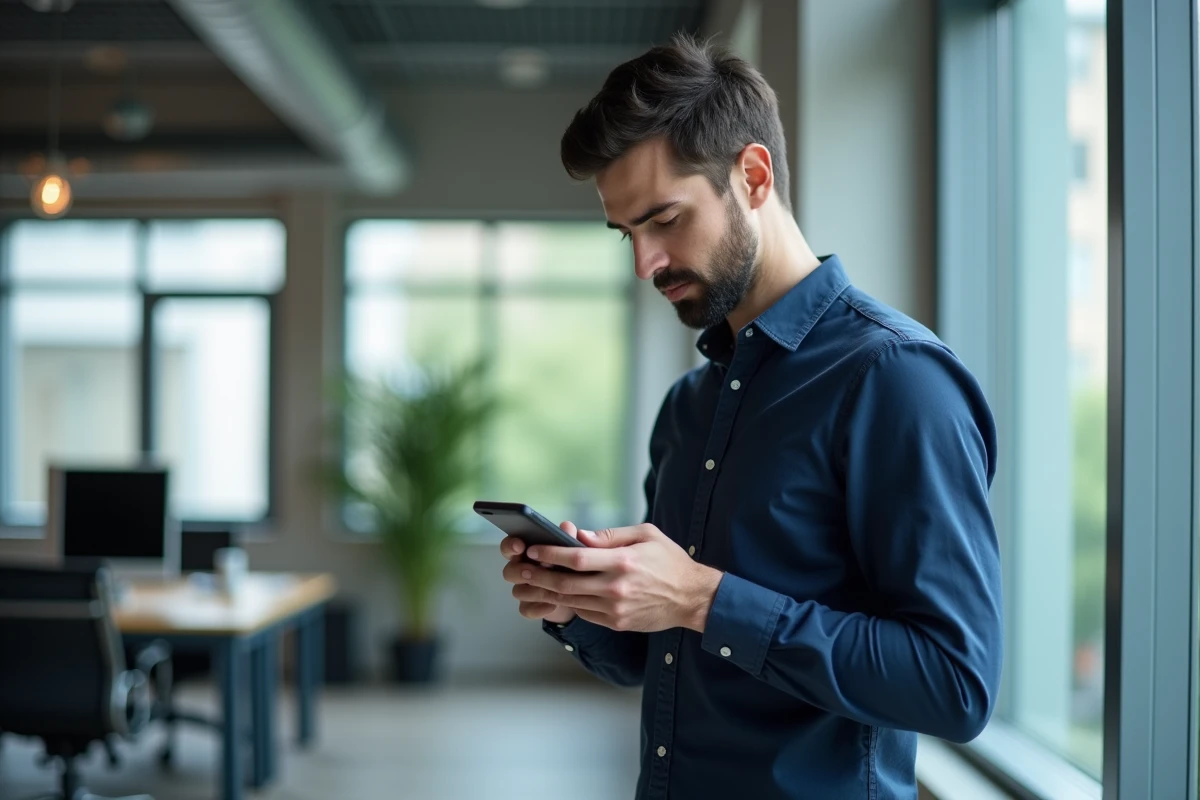Homme en bureau consultant une application mobile sur smartphone Android pour naviguer sans publicités
