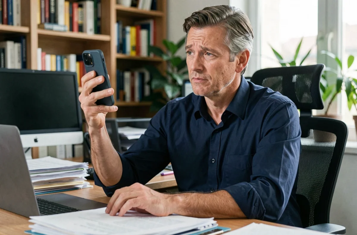 Homme au bureau vérifiant un appel téléphonique inconnu sur son smartphone au travail