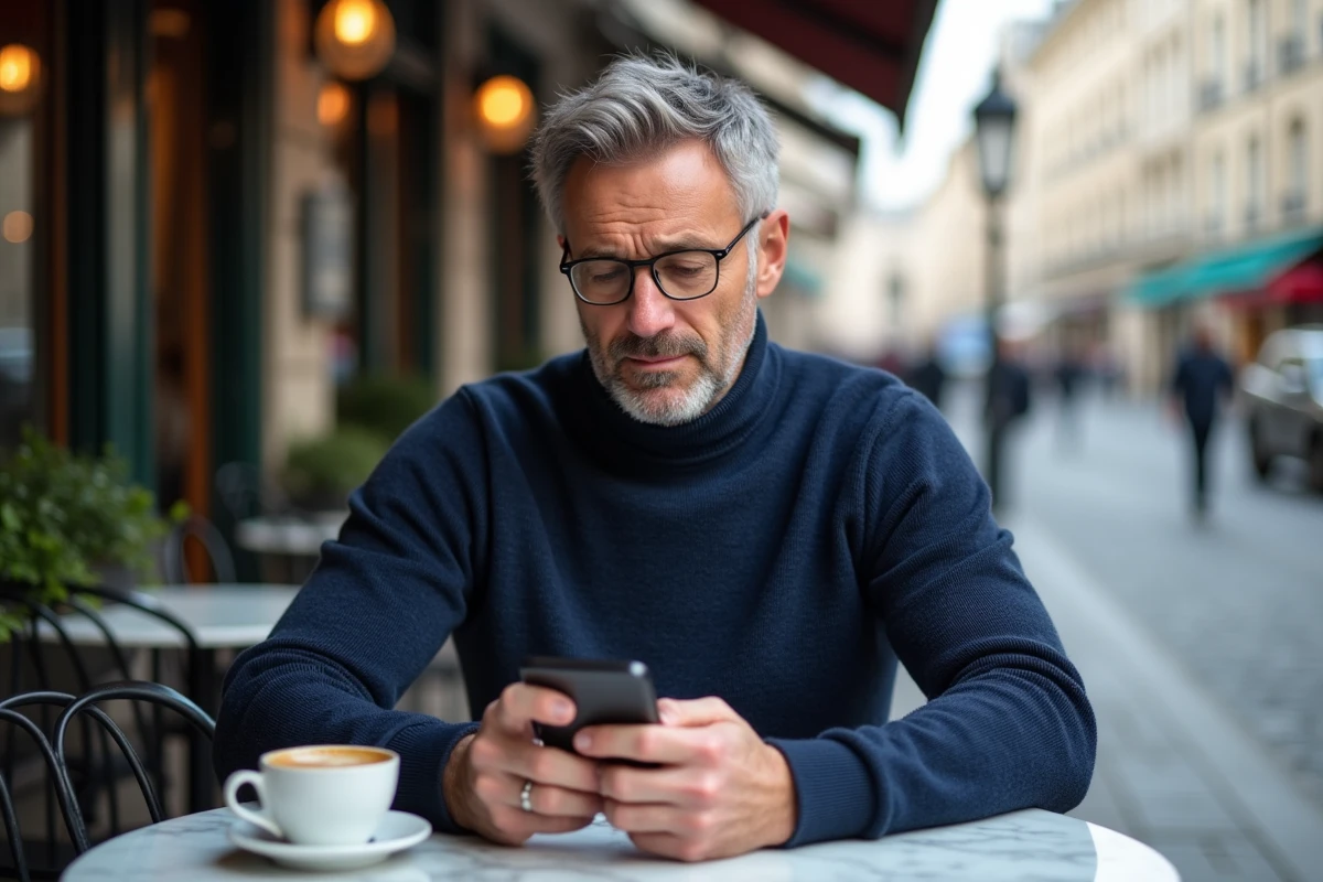 Homme en terrasse de café consultant son smartphone pour rédiger un message ou un e-mail
