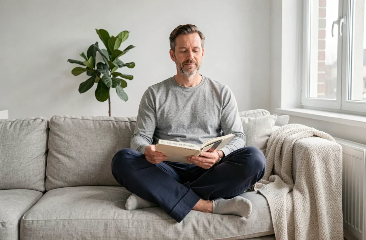 Homme assis sur un canapé lisant un carnet de citations manuscrites dans un salon minimaliste scandinave lumineux