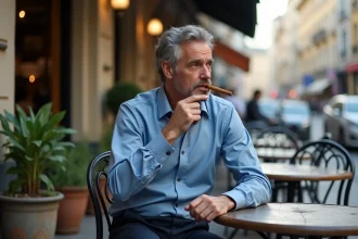 Homme d'âge moyen avec cigare au café extérieur