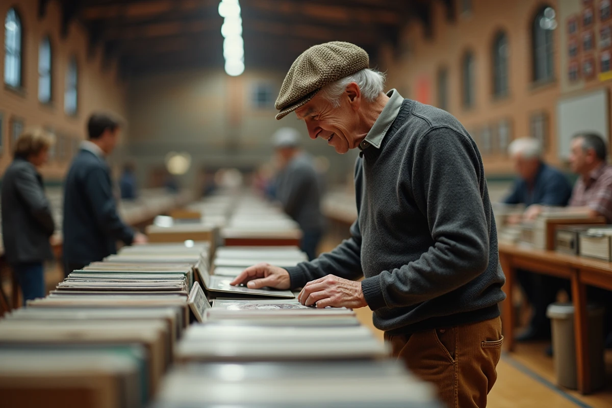Homme âgé triant disques vinyles dans une braderie