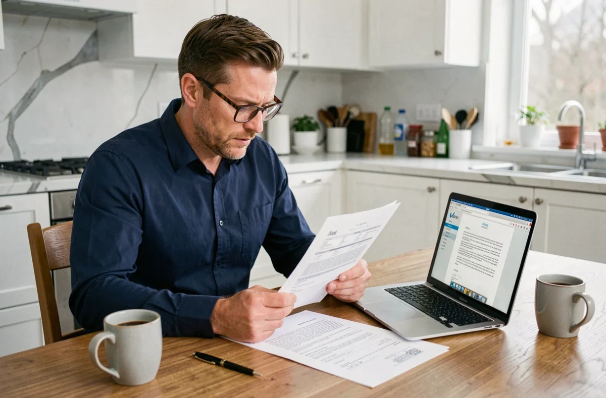 Homme consultant son contrat d'assurance habitation avant d'envoyer une lettre de résiliation