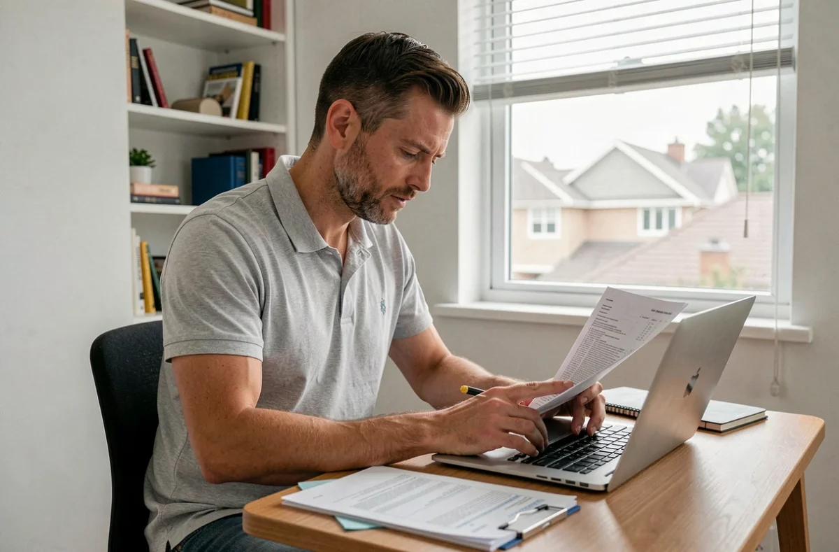 Homme consultant un contrat d'assurance habitation sur ordinateur dans un bureau à domicile à Colomiers