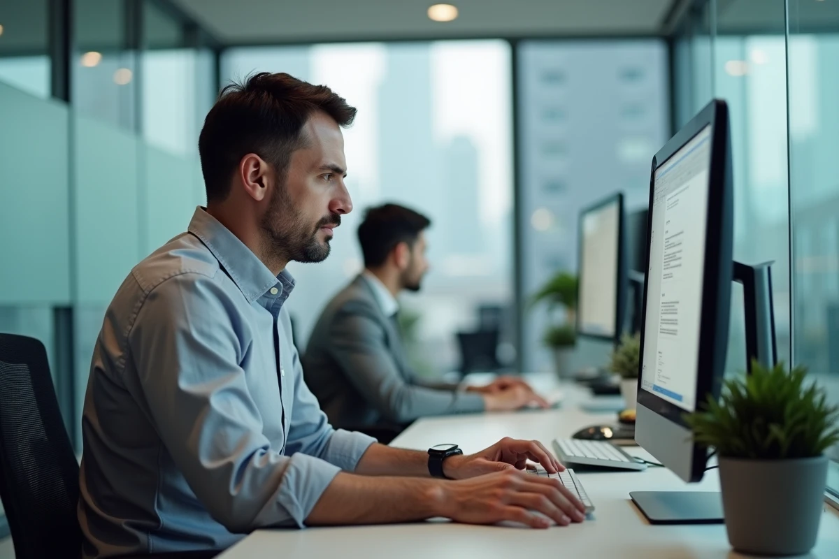Homme concentré relisant un email professionnel sur son ordinateur au bureau, illustrant le bon usage de 'profiter bien' dans un contexte formel