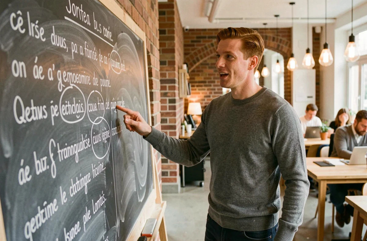 Homme expliquant des erreurs courantes de texte en français sur un tableau dans un espace coworking strasbourgeois