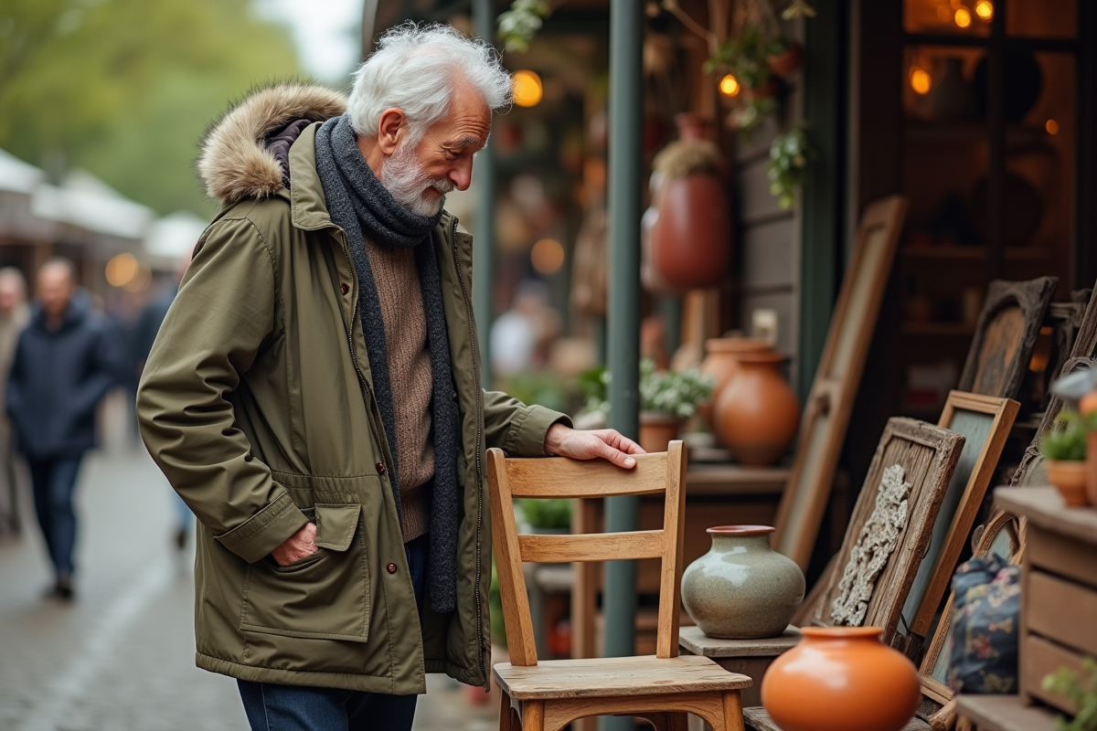 Homme examinant une chaise en bois dans un marché aux puces