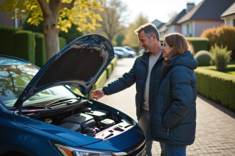 Homme d'âge moyen expliquant le moteur d'une voiture hybride