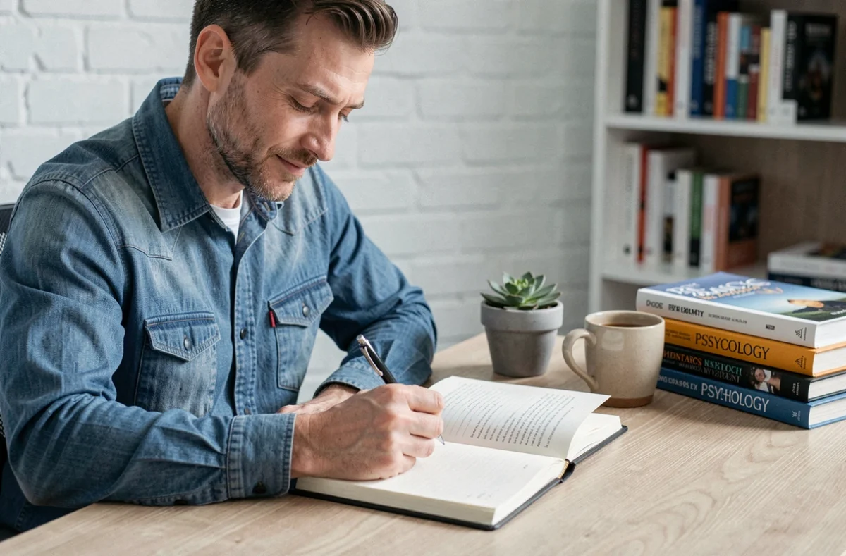 Homme écrivant dans un journal de gratitude à son bureau, pratique clé de la psychologie positive