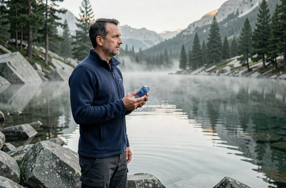 Homme tenant une pierre de kyanite bleue devant un lac de montagne pour illustrer la transformation de la peur en sérénité