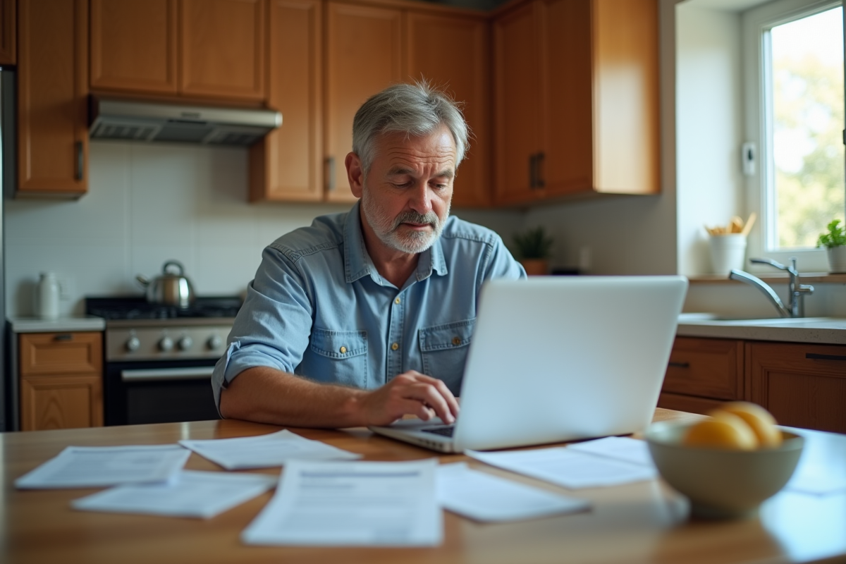 Homme d'âge moyen examinant des documents dans sa cuisine