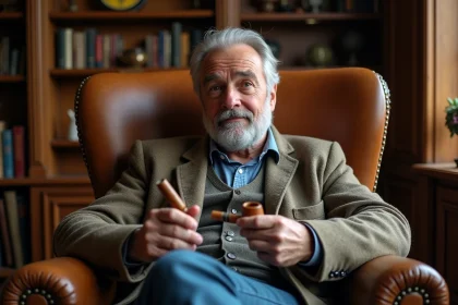 Homme d'âge moyen avec pipe et cigare dans un salon chaleureux