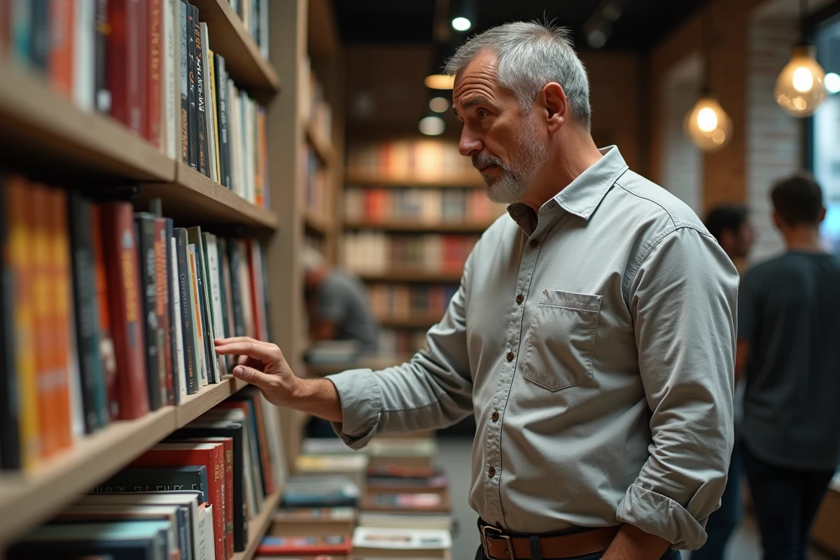 Homme hésitant devant un présentoir de livres à succès dans une librairie urbaine