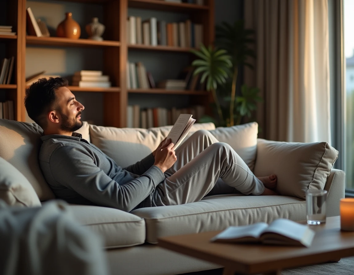 Homme souriant lisant un message bienveillant sur le canapé dans un salon chaleureux en soirée