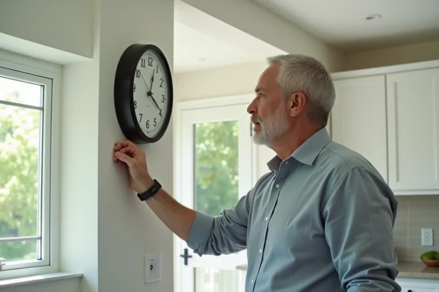 Homme d'âge moyen ajustant une horloge dans une cuisine moderne
