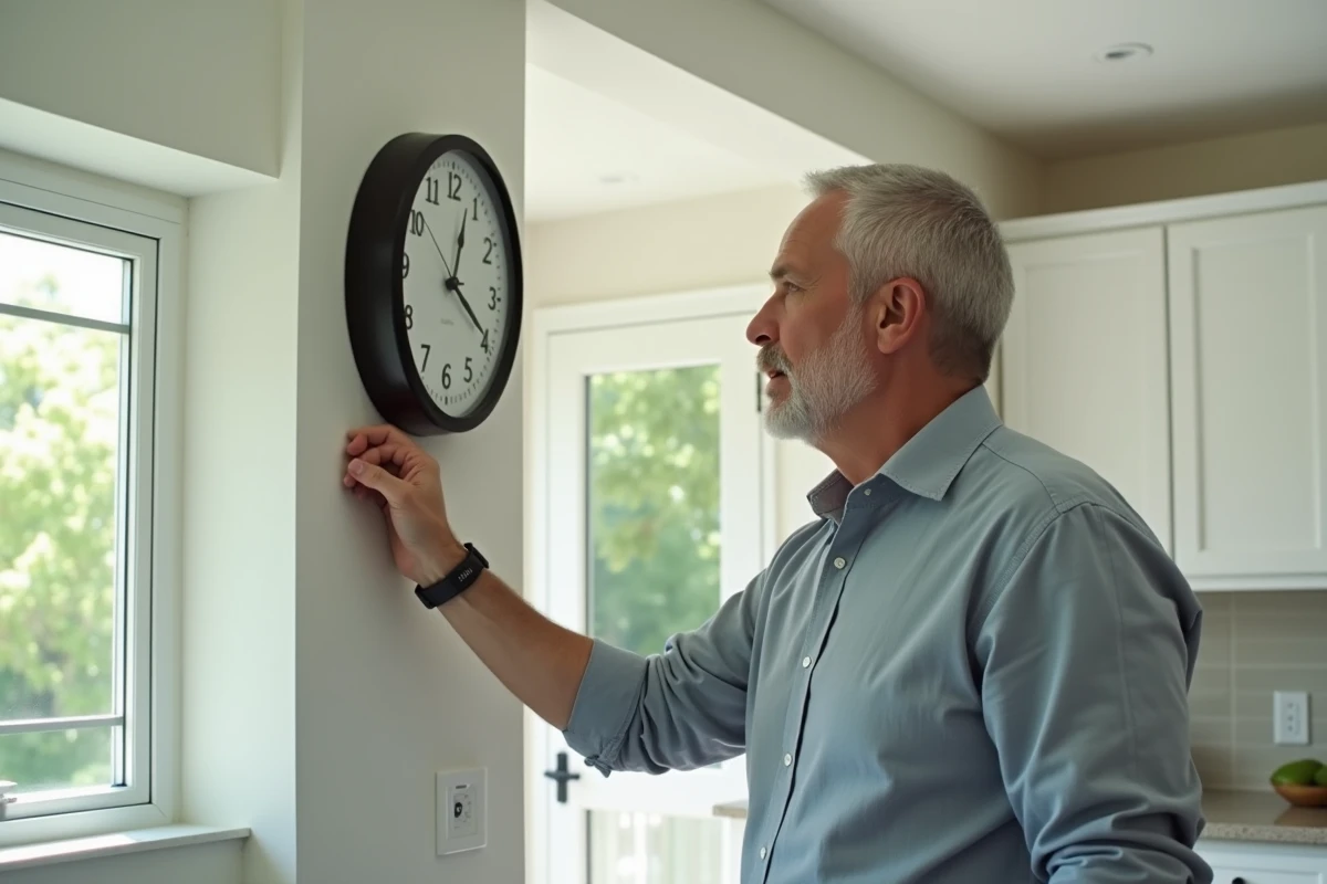 Homme d'âge moyen ajustant une horloge dans une cuisine moderne