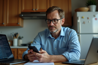 Homme d'âge moyen seul à la cuisine avec appareils numériques