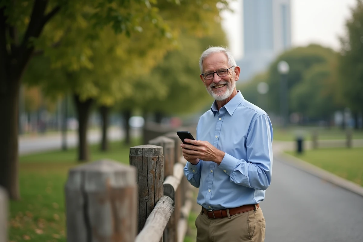 Homme âgé enregistrant un message vocal dans un parc urbain