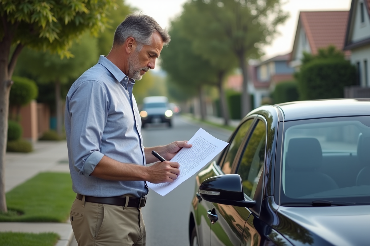 Homme vérifiant un plan devant sa voiture dans un quartier résidentiel