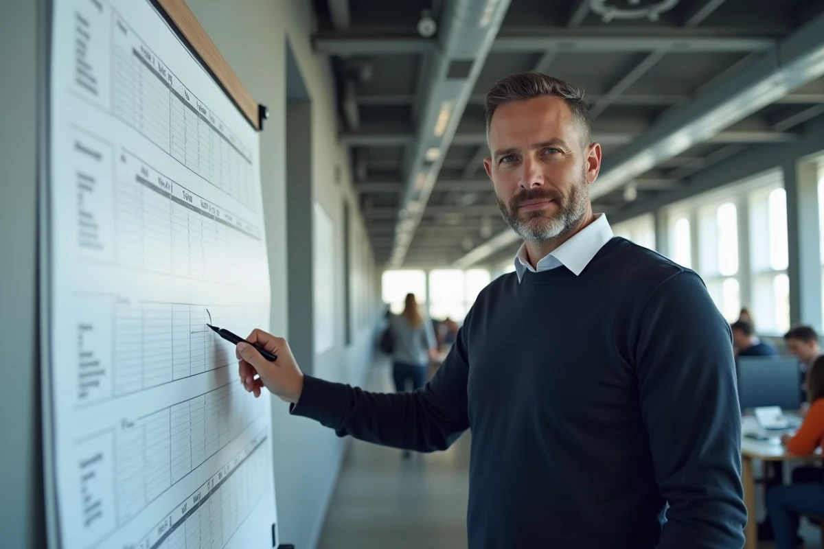 Homme en bureau professionnel pointant les numéros de semaines sur un planning annuel 2026 affiché au mur