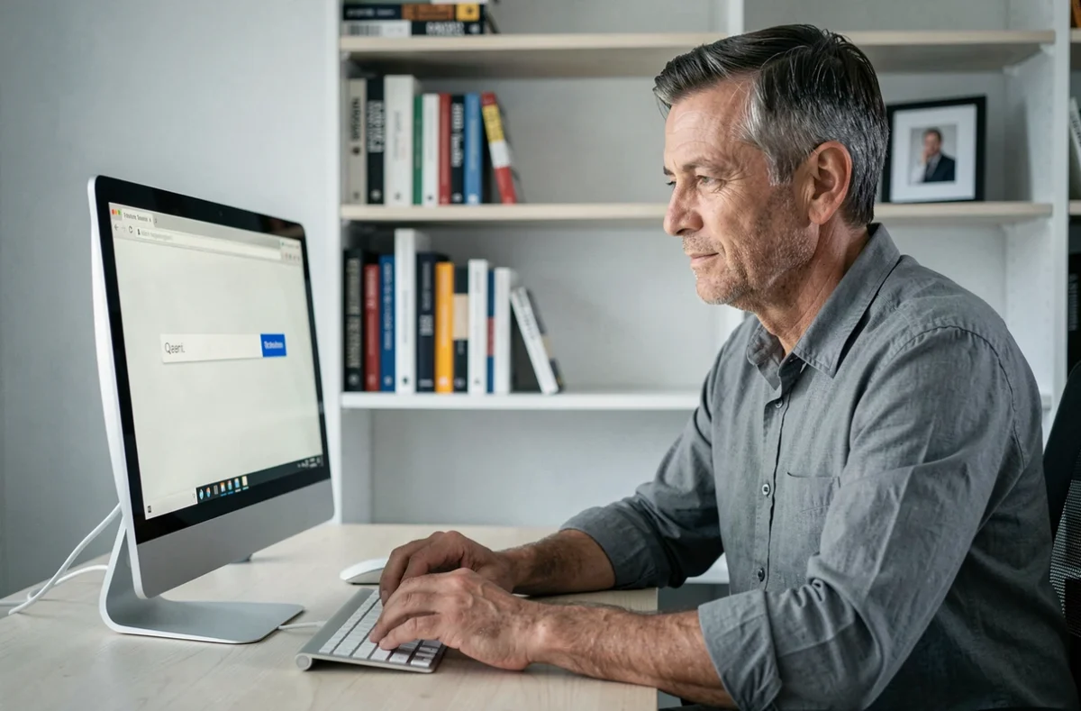 Homme assis à son bureau tapant un nom dans une barre de recherche pour retrouver d'anciens amis sur Copains d'avant