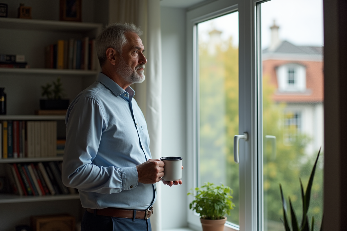Homme pensif regardant par la fenêtre intérieure