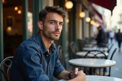 Homme au café regardant au loin avec une expression pensive et curieuse