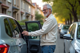 Homme d'âge moyen souriant à côté d'une voiture moderne en ville