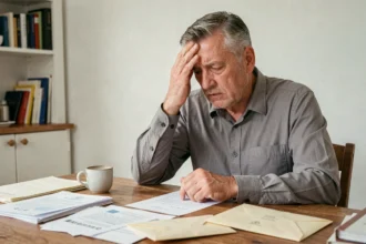 Homme stressé face à des documents administratifs liés à une absence d'assurance habitation
