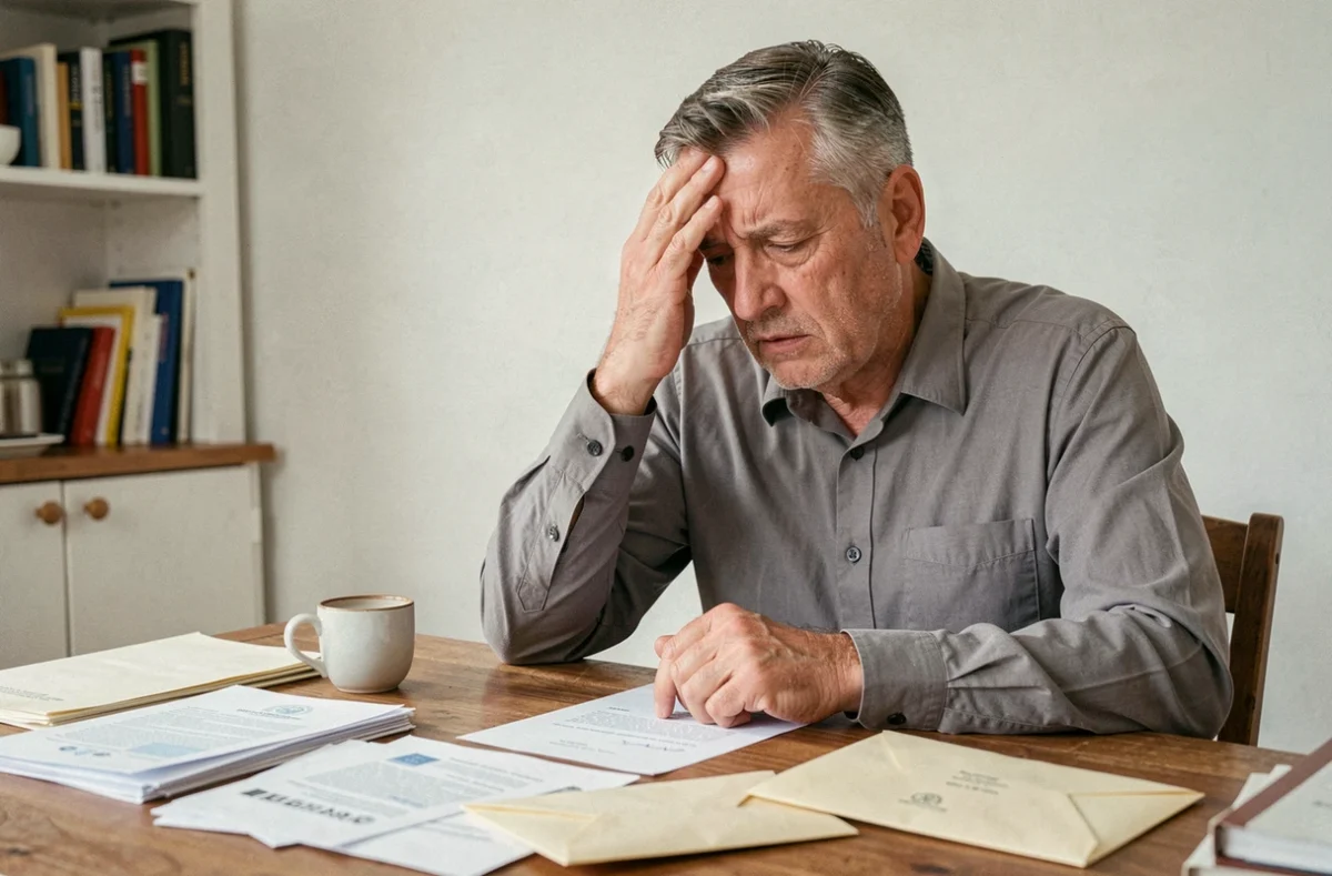Homme stressé face à des documents administratifs liés à une absence d'assurance habitation