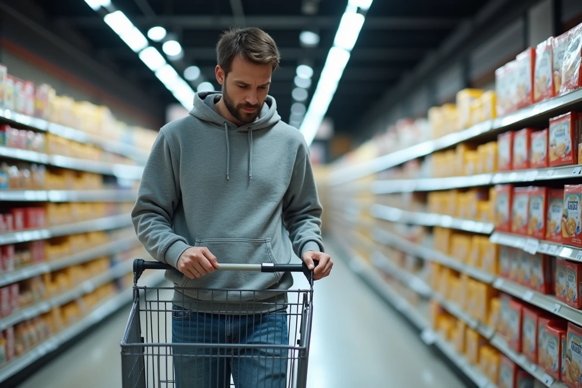 Homme poussant un caddie dans le rayon d'un supermarché, illustrant la consommation de masse