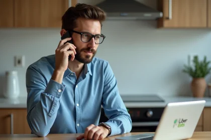 Homme au téléphone dans une cuisine moderne et lumineuse