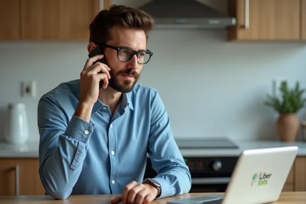 Homme au téléphone dans une cuisine moderne et lumineuse