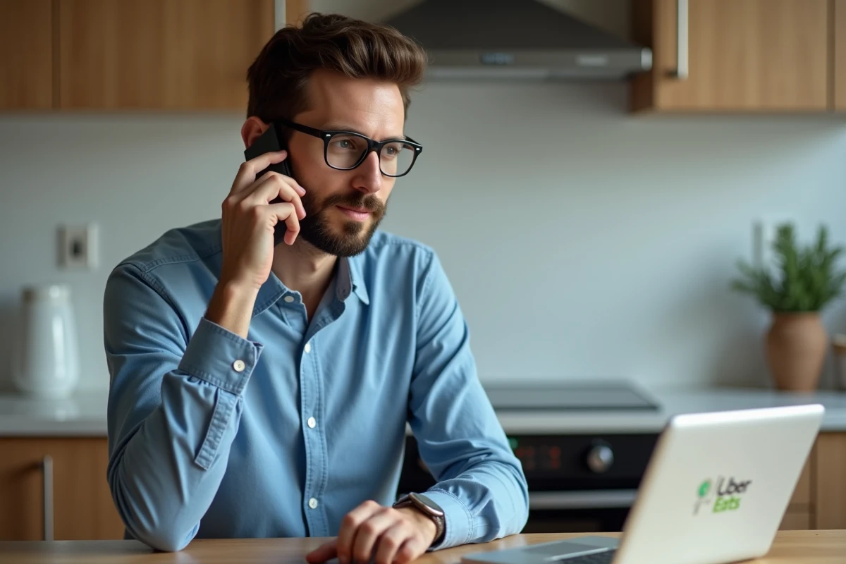 Homme au téléphone dans une cuisine moderne et lumineuse