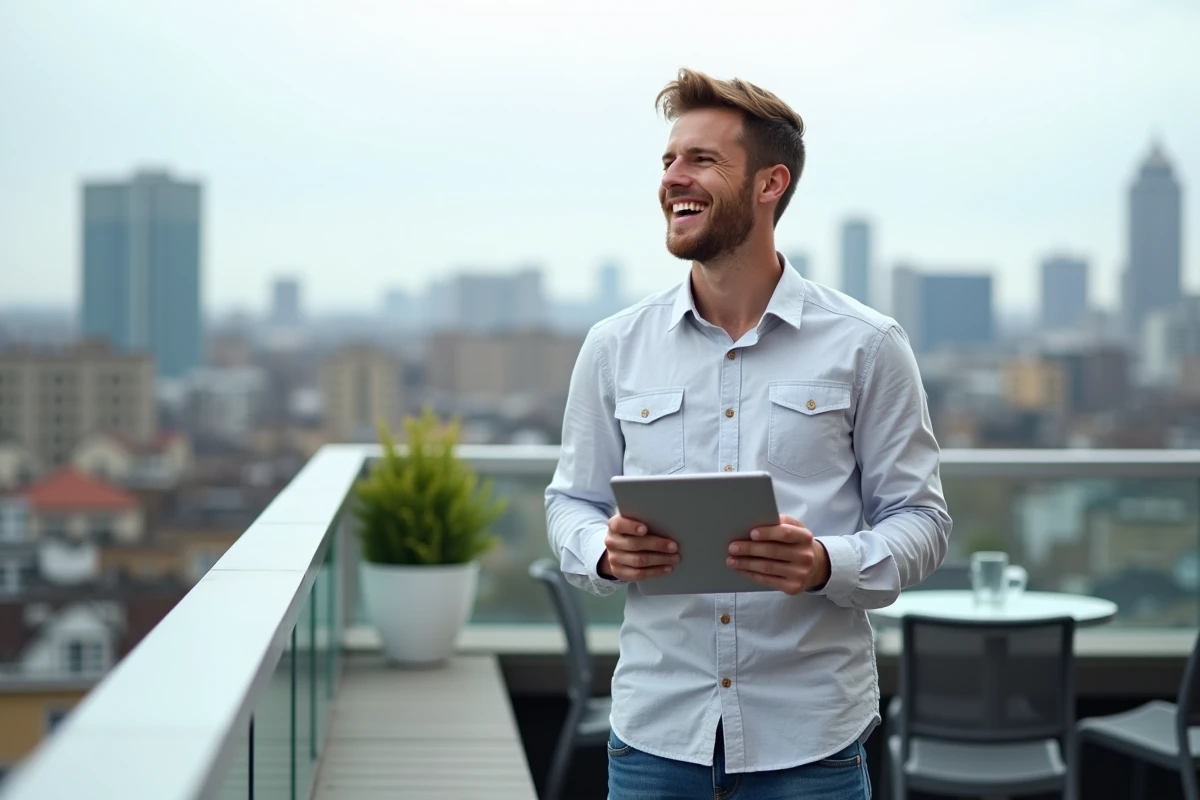 Jeune homme avec tablette sur terrasse urbaine ensoleillee