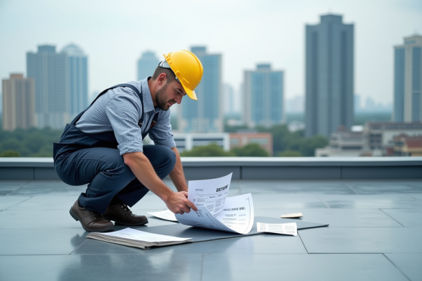 Homme en salopette examine des échantillons d'étanchéité sur un toit urbain