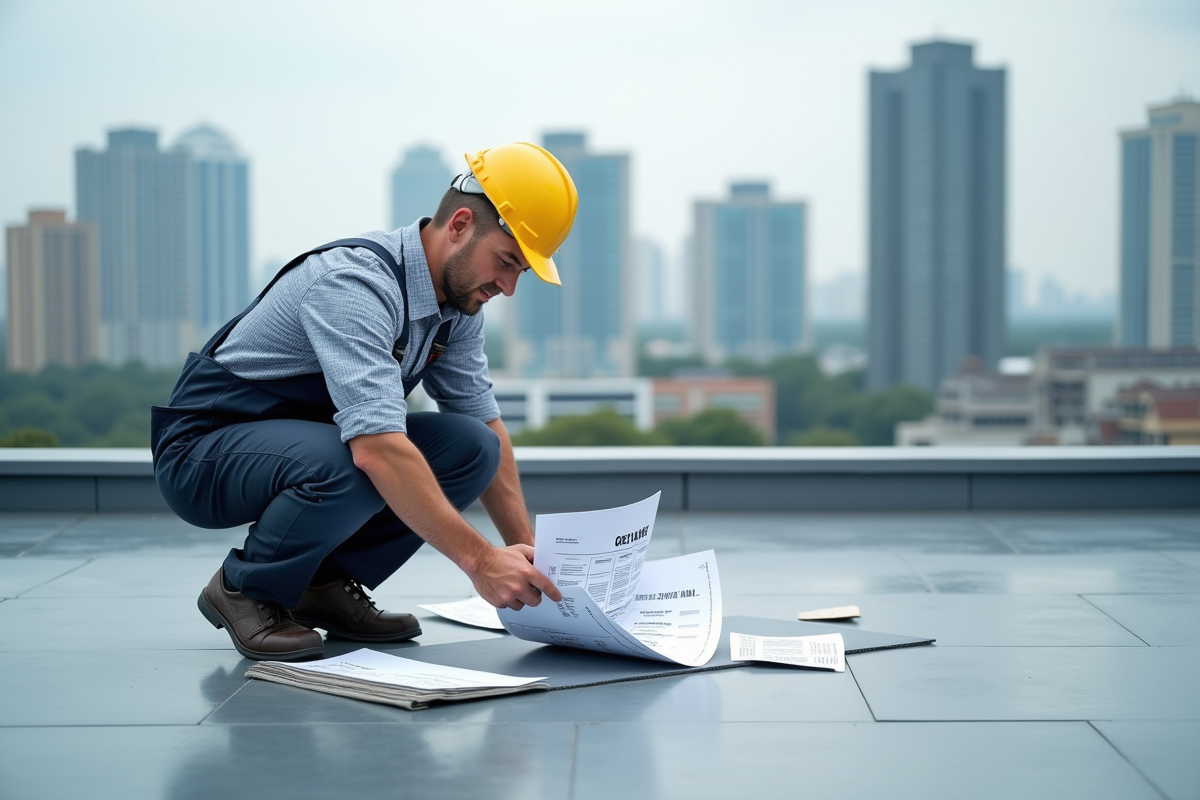 Homme en salopette examine des échantillons d'étanchéité sur un toit urbain