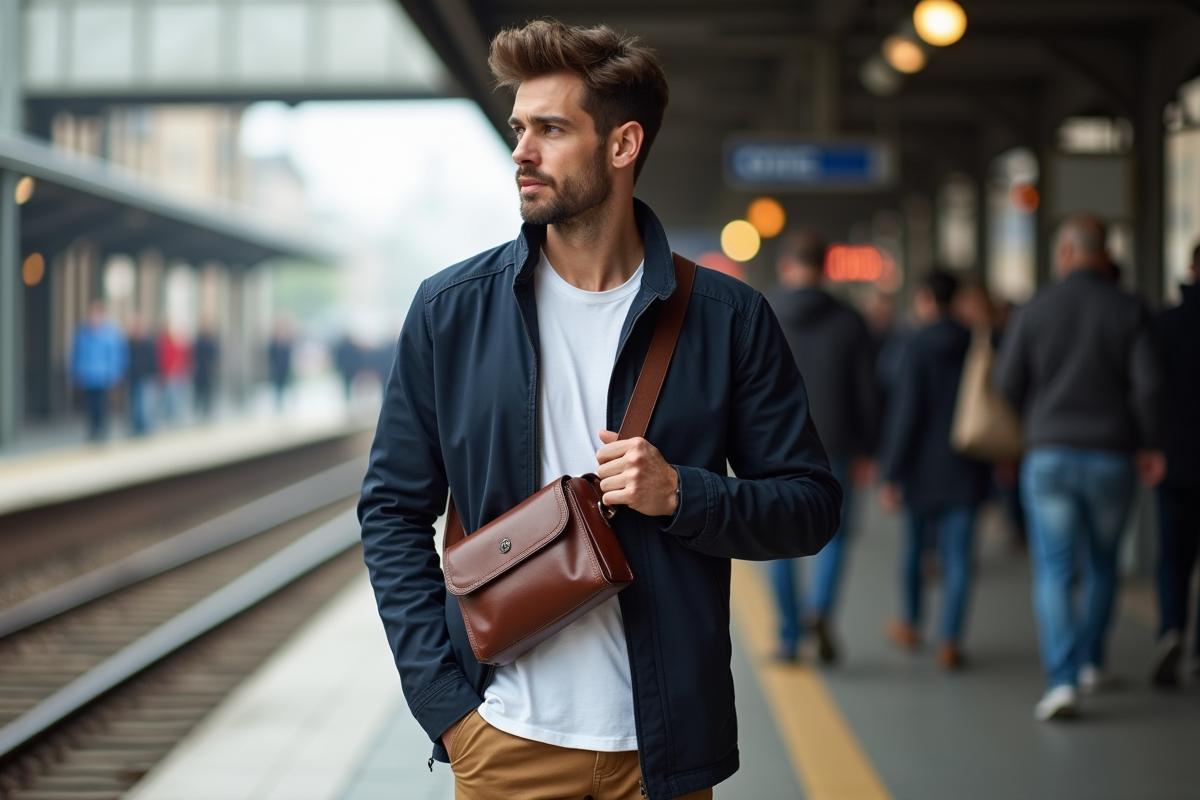 Homme en voyage avec sac en cuir sur plateforme ferroviaire