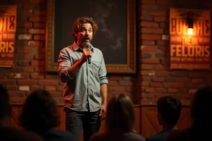 Humoriste français en pleine performance sur scène dans un club de comédie parisien, micro en main et expression comique exagérée