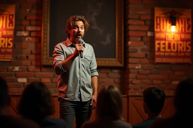 Humoriste français en pleine performance sur scène dans un club de comédie parisien, micro en main et expression comique exagérée